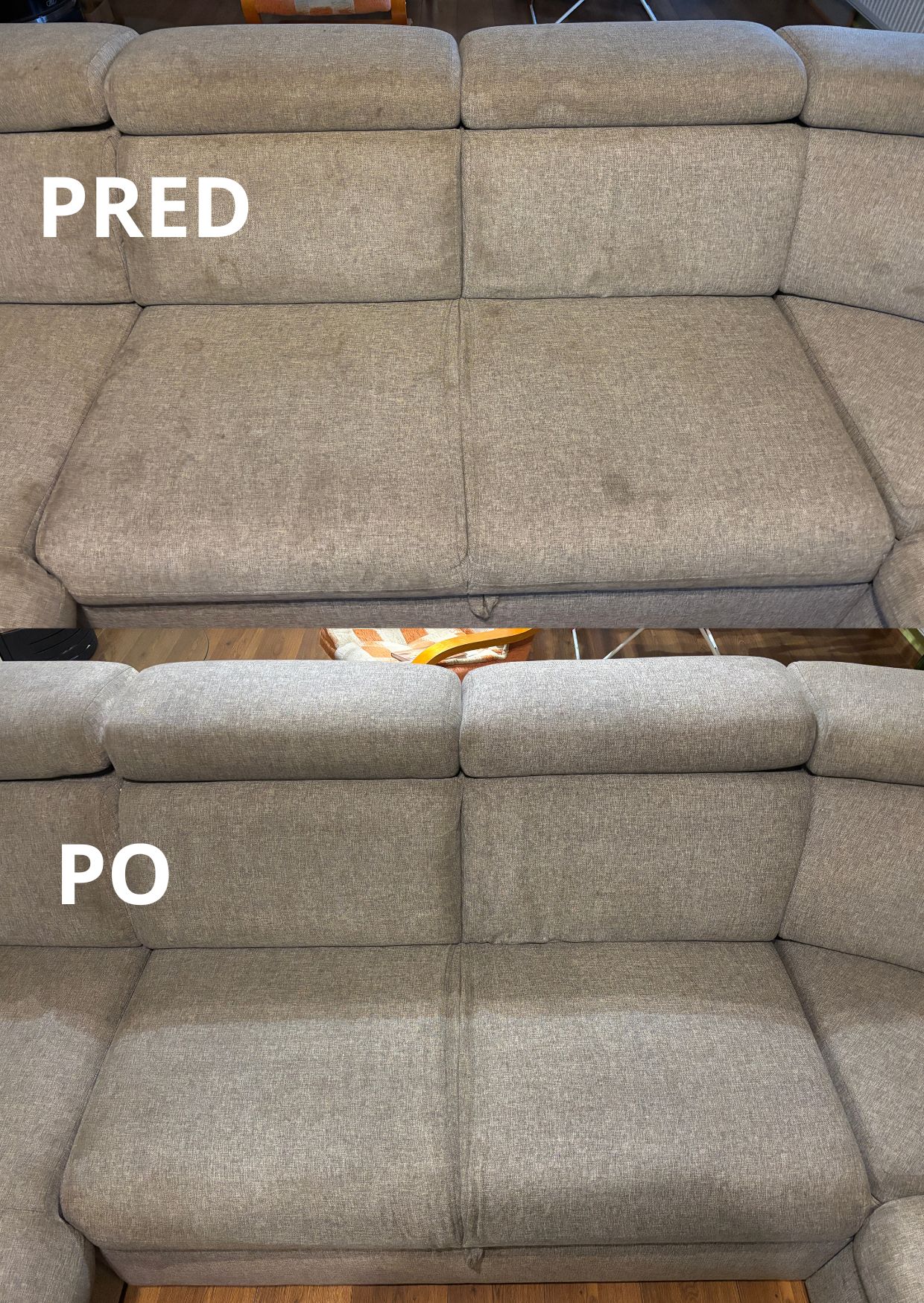 Tepovanie béžovej sedačky pred a po — CLEENIO