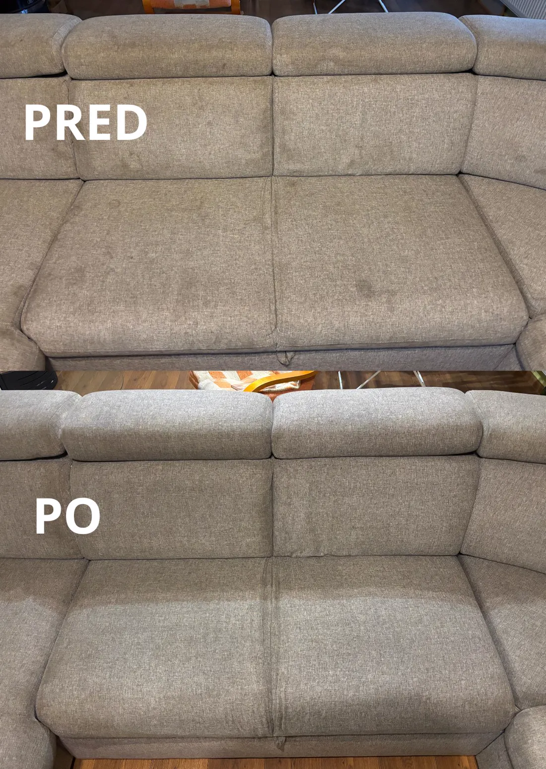 Tepovanie béžovej sedačky pred a po — CLEENIO